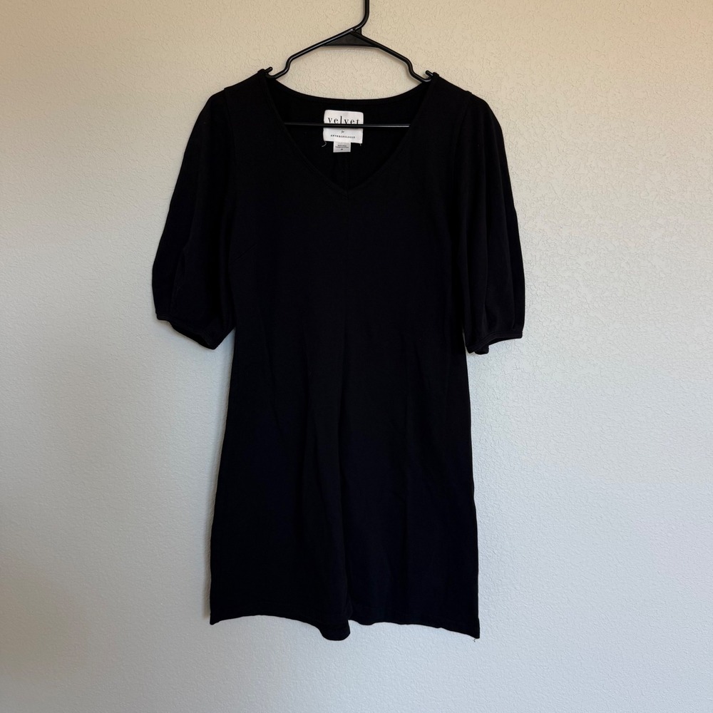Velvet by Graham & Spencer Anthropologie Black Puff Sleeve V-Neck Cotton Dress